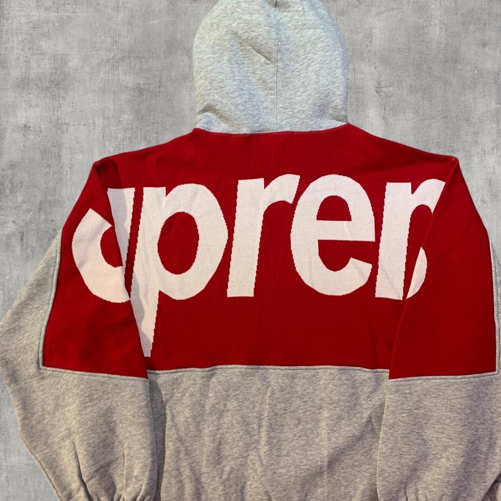 Supreme Big Logo Jacquard Hooded Sweatshirt Mens M Heather Grey Red FW23 NWT - Picture 3 of 7